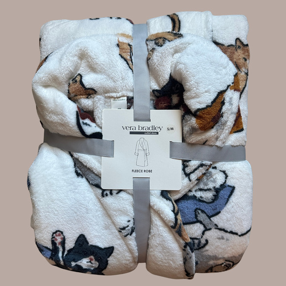 New Vera Bradley A CATS LIFE Fleece Robe S/M Small Medium White - Picture 3 of 5